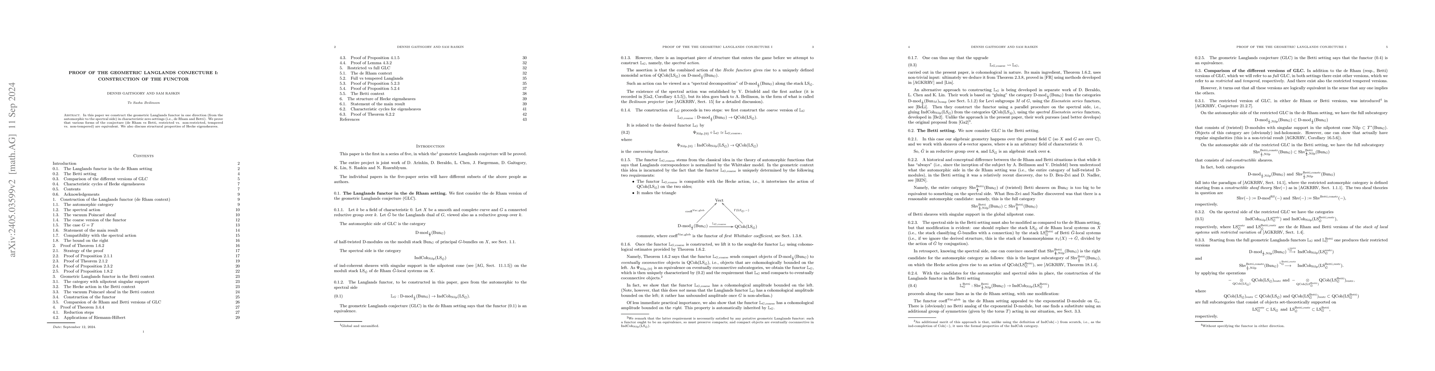 Thumbnail for Proof of the geometric Langlands conjecture I: construction of the
  functor