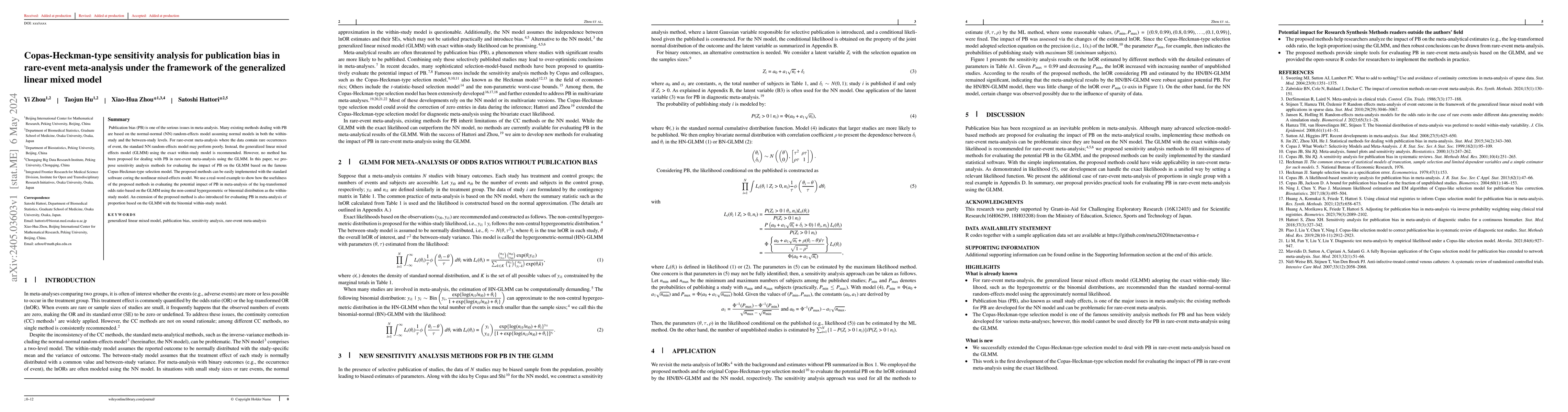 Thumbnail for Copas-Heckman-type sensitivity analysis for publication bias in
  rare-event meta-analysis under the framework of the generalized linear mixed
  model