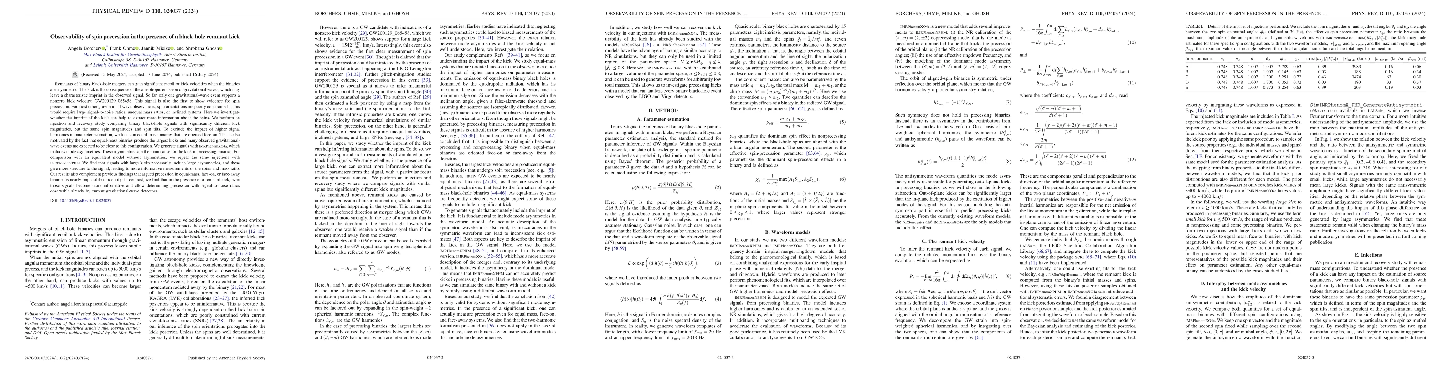 Thumbnail for Observability of spin precession in the presence of a black-hole remnant
  kick