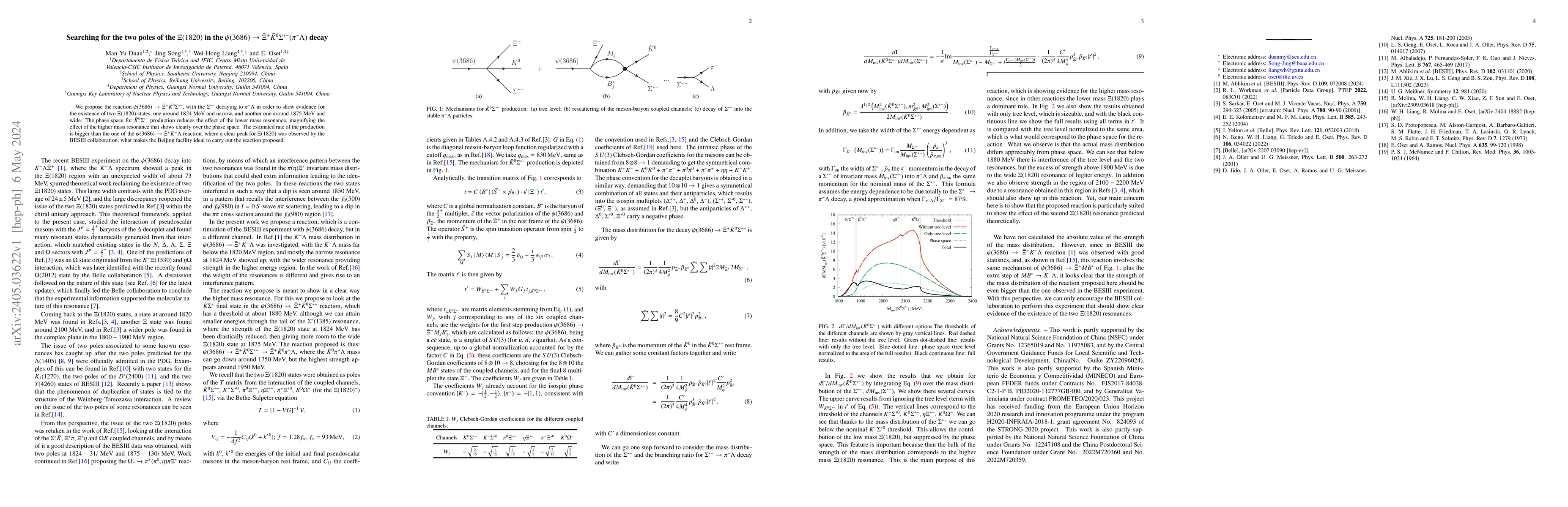 Thumbnail for Searching for the two poles of the $\Xi(1820)$ in the $\psi(3686) \to
  \bar{\Xi}^+ \bar{K}^0 \Sigma^{*-}(\pi^- \Lambda)$ decay