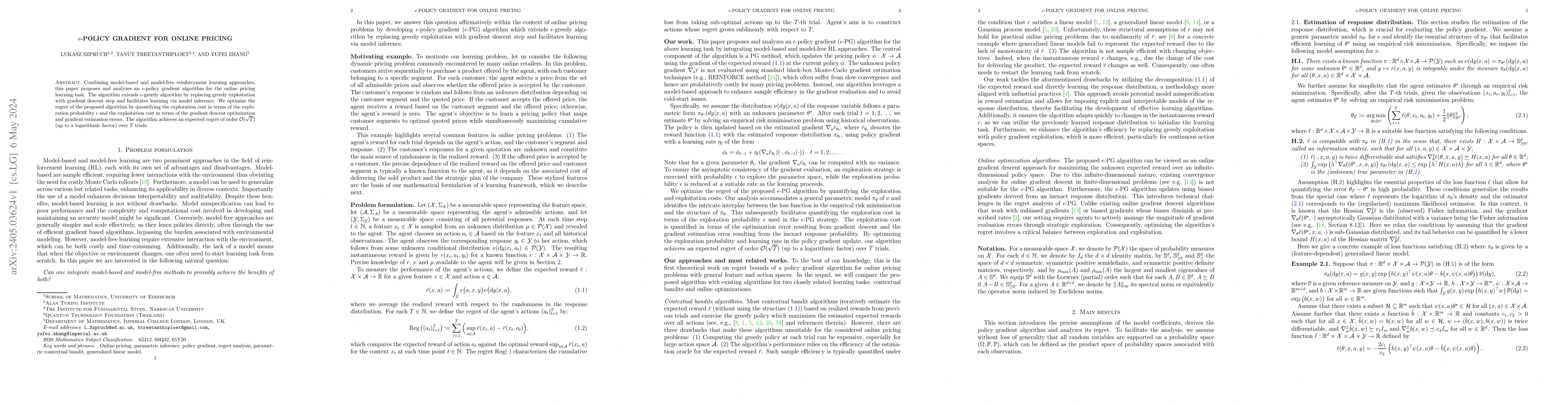 Thumbnail for $\epsilon$-Policy Gradient for Online Pricing