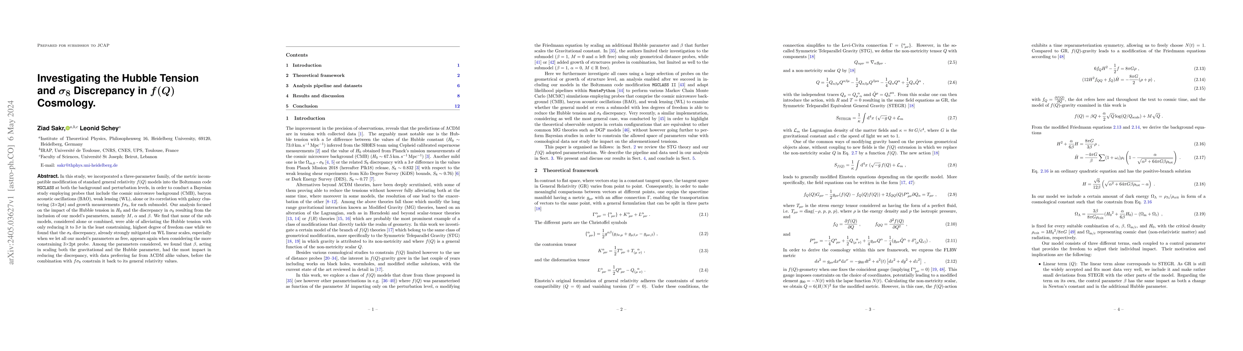Thumbnail for Investigating the Hubble Tension and $\sigma_8$ Discrepancy in f(Q)
  Cosmology