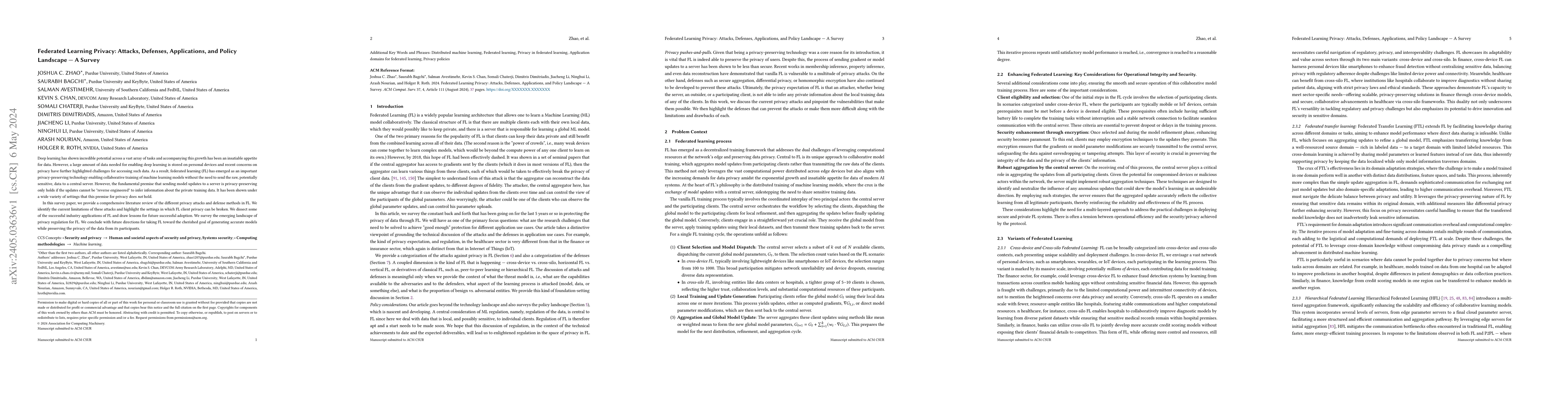 Thumbnail for Federated Learning Privacy: Attacks, Defenses, Applications, and Policy
  Landscape - A Survey