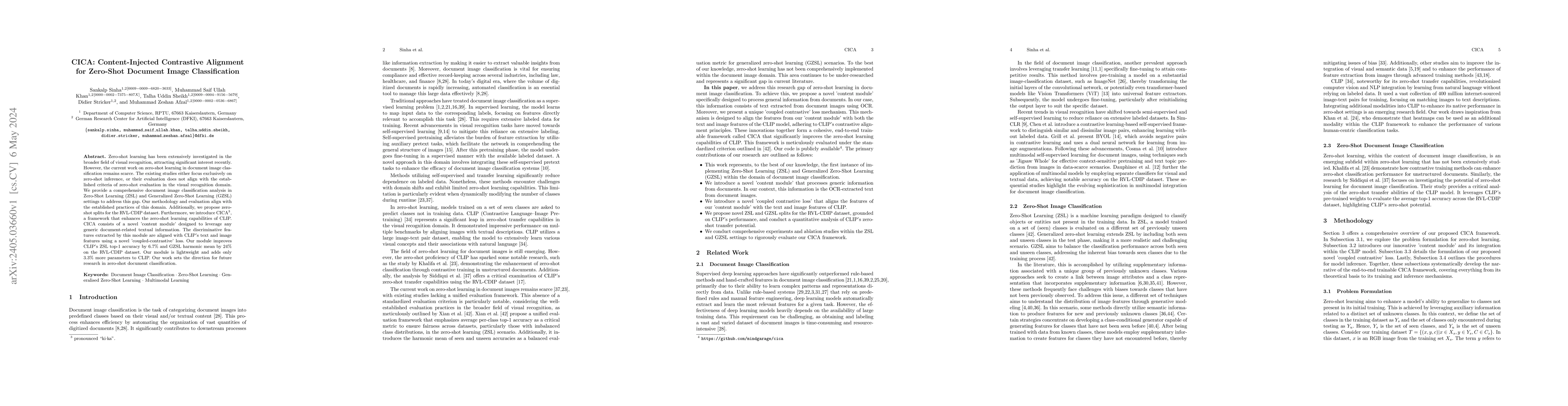 Thumbnail for CICA: Content-Injected Contrastive Alignment for Zero-Shot Document
  Image Classification