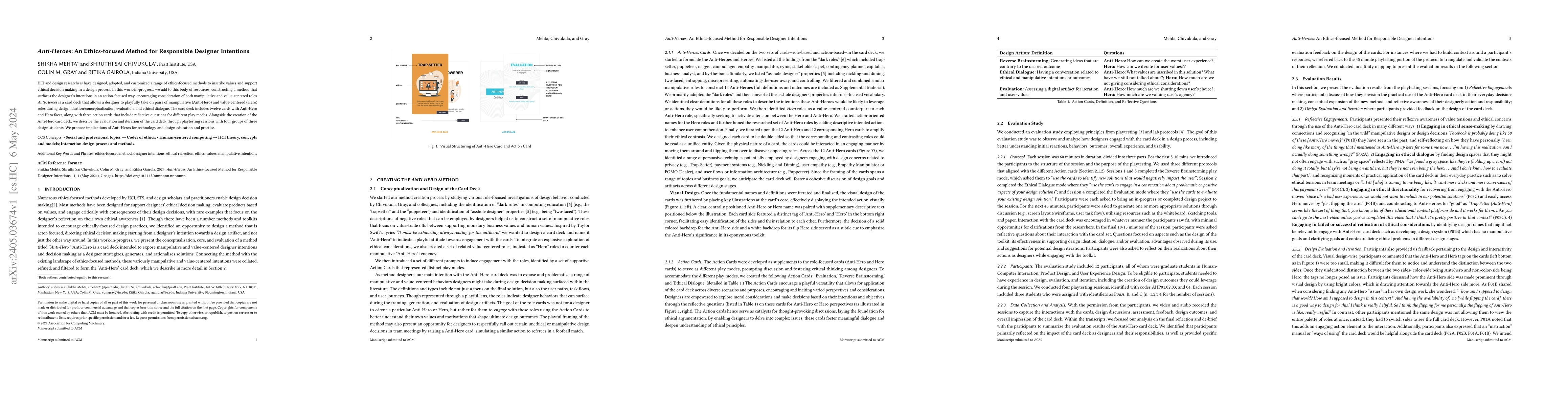 Thumbnail for Anti-Heroes: An Ethics-focused Method for Responsible Designer
  Intentions