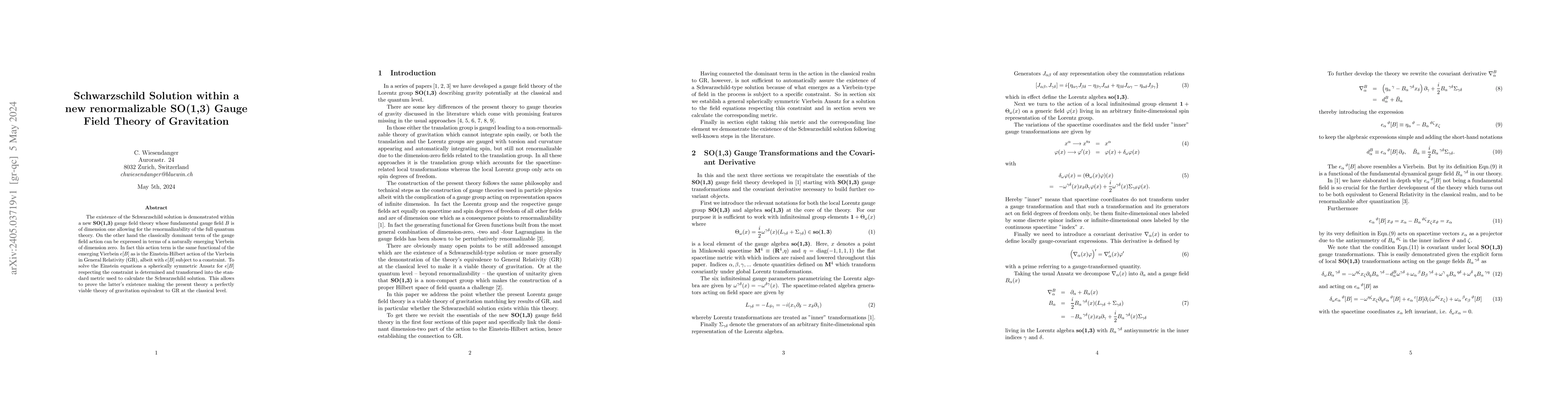 Thumbnail for Schwarzschild Solution within a new renormalizable SO(1,3) Gauge Field
  Theory of Gravitation