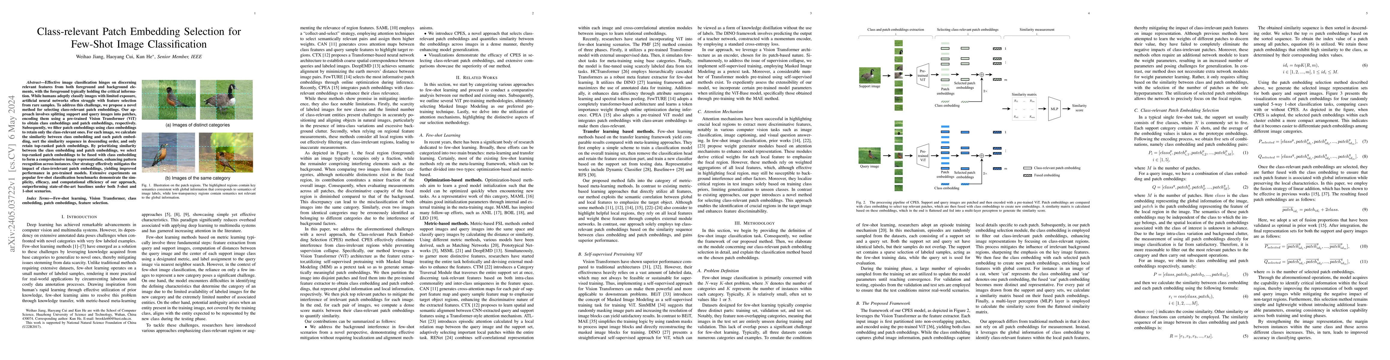 Thumbnail for Class-relevant Patch Embedding Selection for Few-Shot Image
  Classification