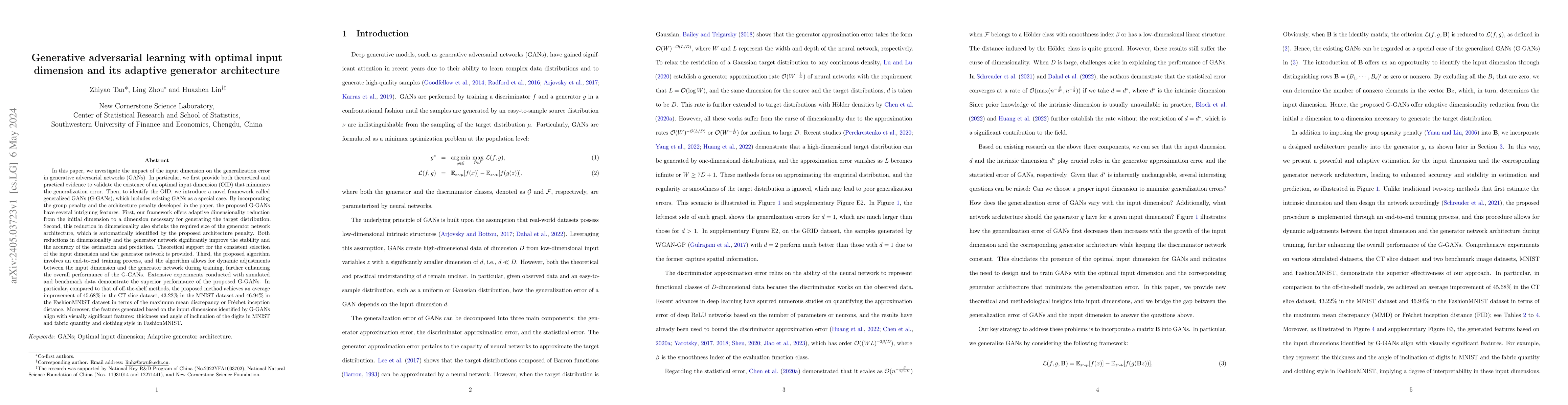 Thumbnail for Generative adversarial learning with optimal input dimension and its
  adaptive generator architecture