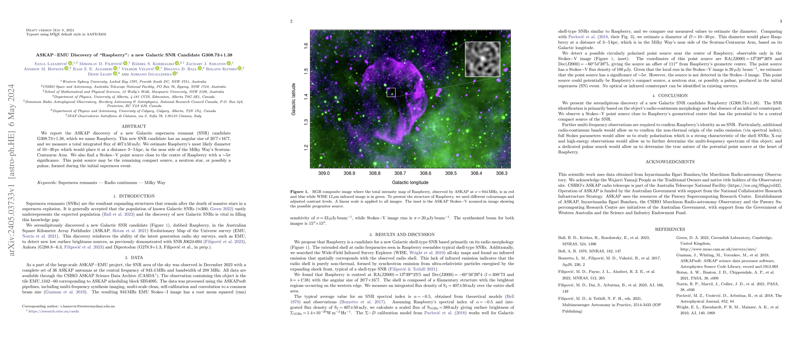 Thumbnail for ASKAP$-$EMU Discovery of "Raspberry": a new Galactic SNR Candidate
  G308.73+1.38