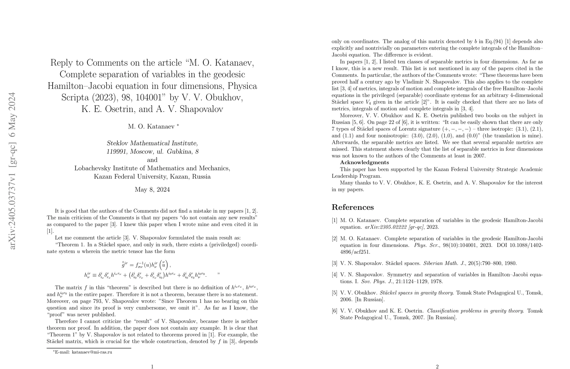 Thumbnail for Comments on the article "M.O. Katanaev, Complete separation of variables
  in the geodesic Hamilton-Jacobi equation in four dimensions. Physica Scripta
  (2023), 98, 104001" by V. V. Obukhov, K. E. Osetrin, and A. V. Shapovalov