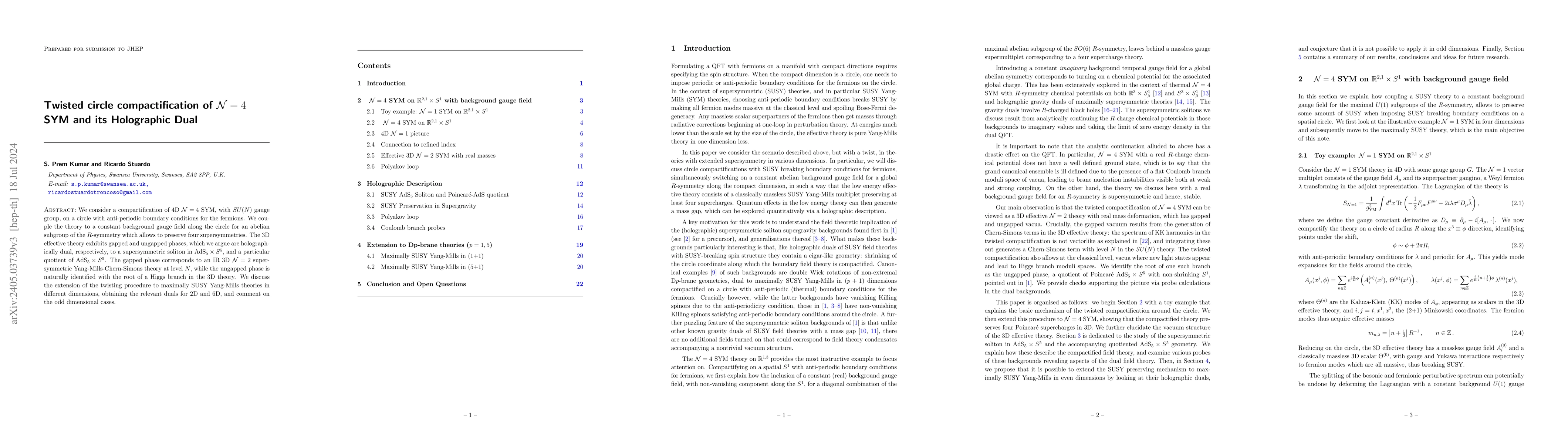 Thumbnail for Twisted circle compactification of $\mathcal{N}=4$ SYM and its
  Holographic Dual