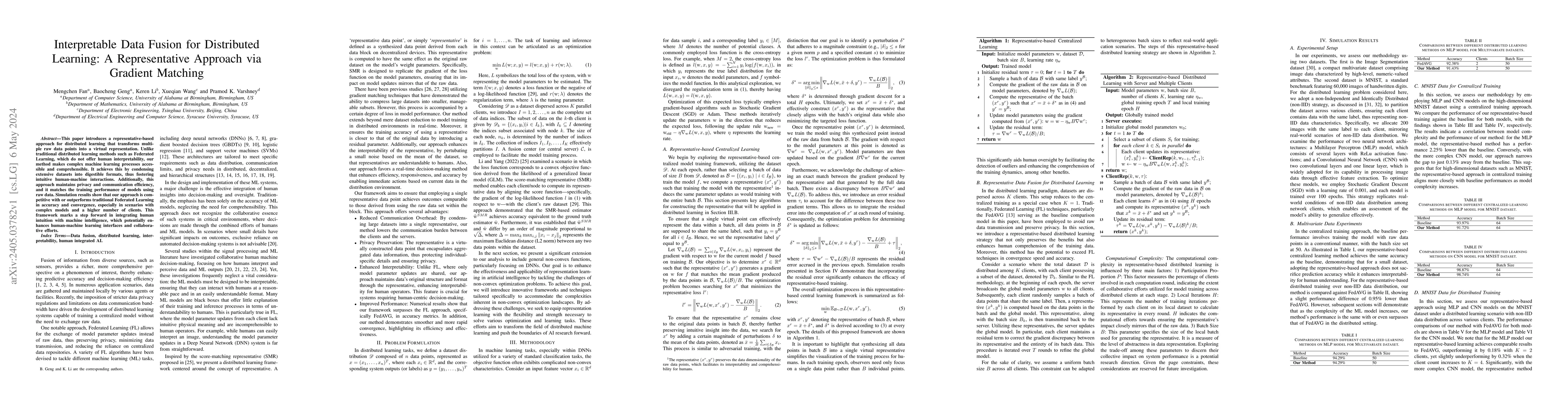 Thumbnail for Interpretable Data Fusion for Distributed Learning: A Representative
  Approach via Gradient Matching