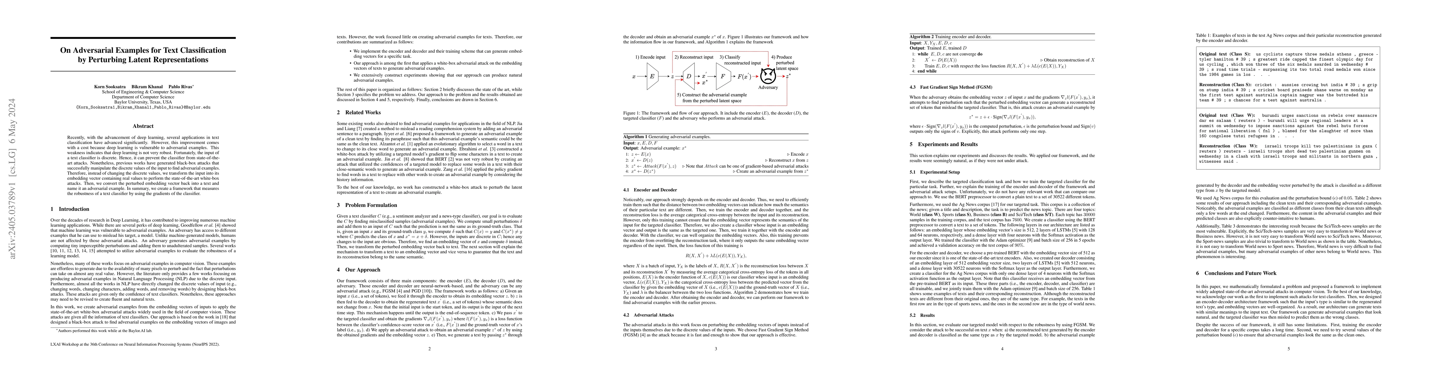 Thumbnail for On Adversarial Examples for Text Classification by Perturbing Latent
  Representations