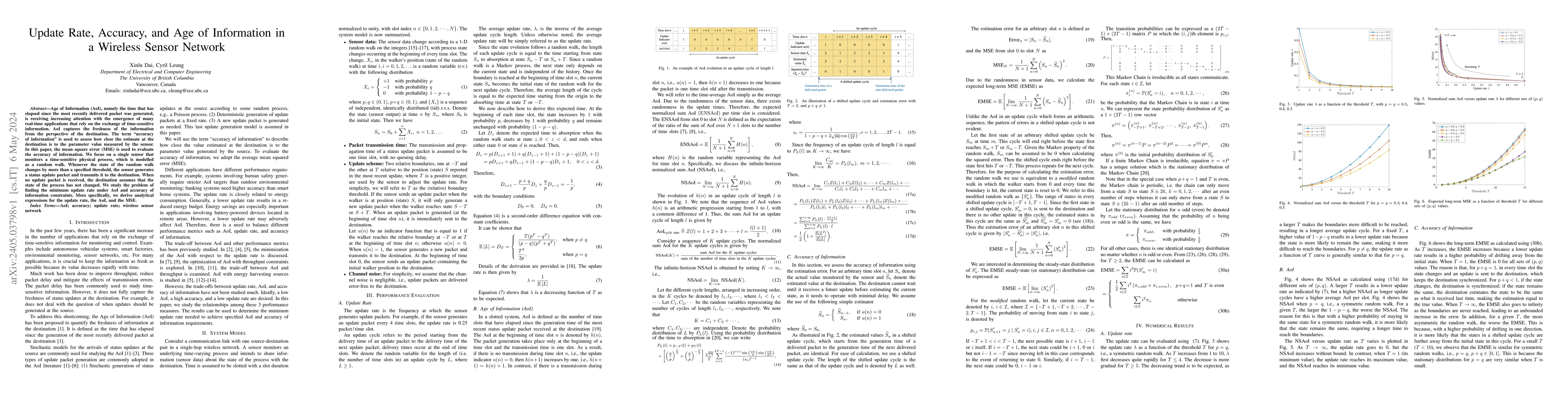 Thumbnail for Update Rate, Accuracy, and Age of Information in a Wireless Sensor
  Network