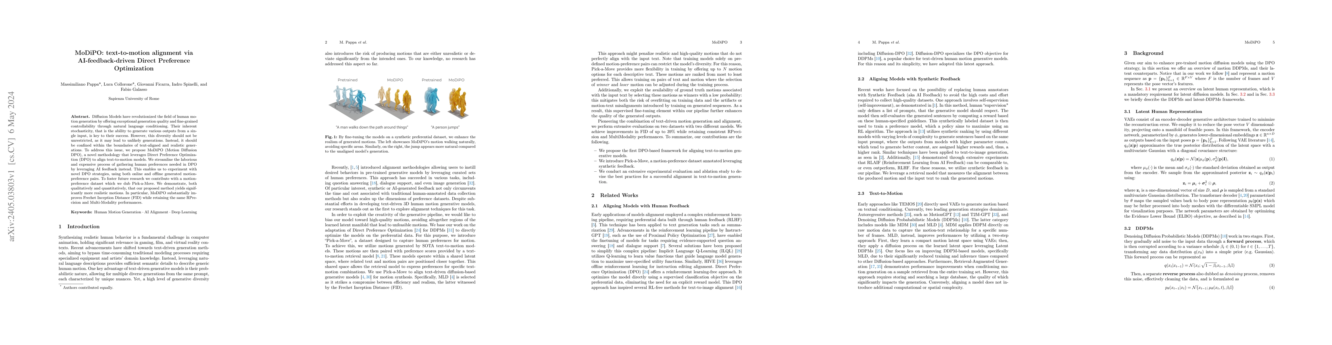 Thumbnail for MoDiPO: text-to-motion alignment via AI-feedback-driven Direct
  Preference Optimization