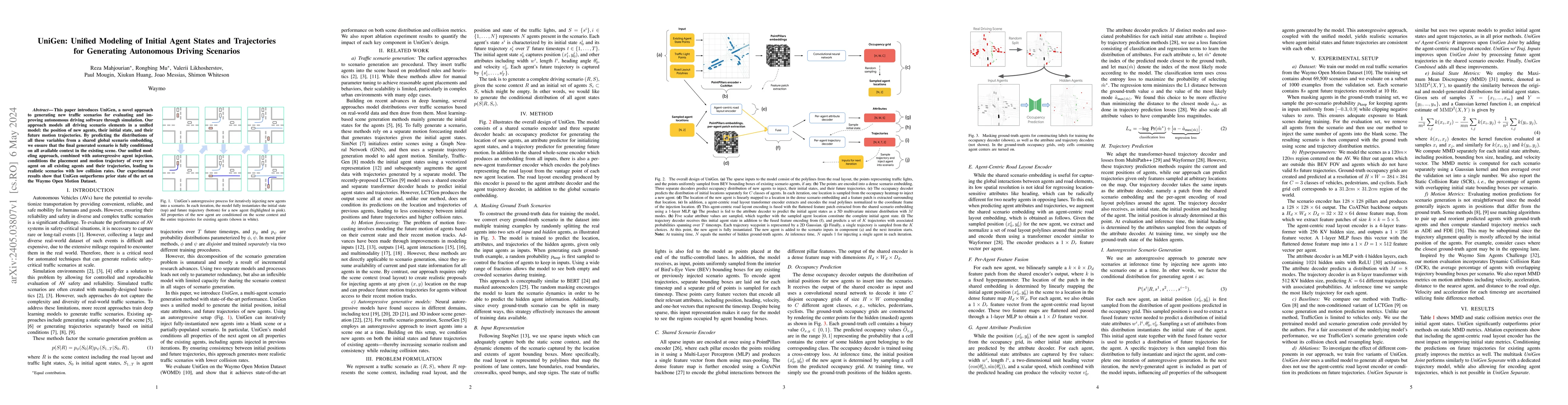 Thumbnail for UniGen: Unified Modeling of Initial Agent States and Trajectories for
  Generating Autonomous Driving Scenarios