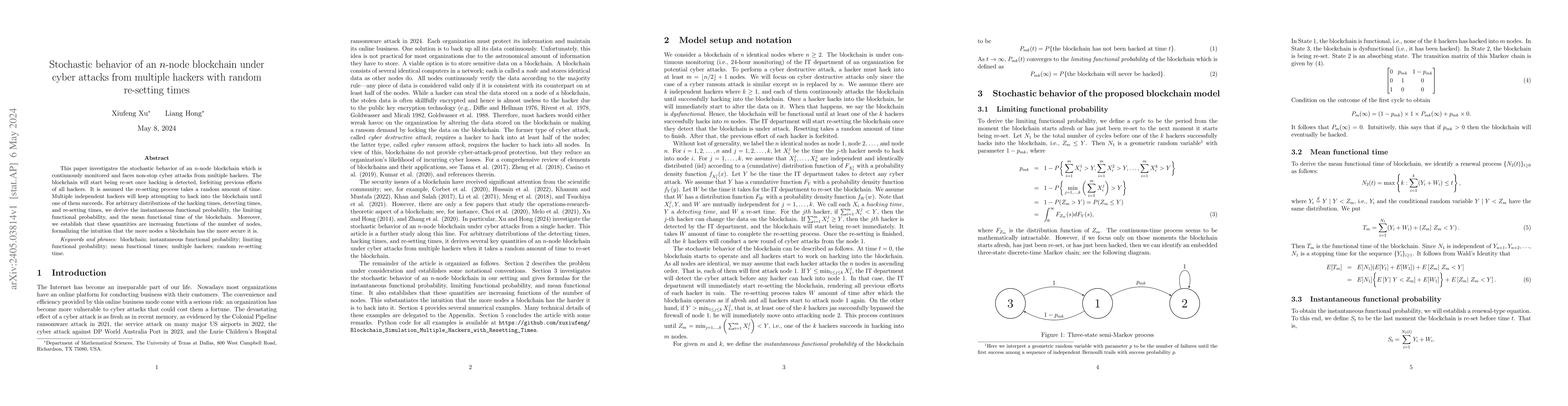 Thumbnail for Stochastic behavior of an n-node blockchain under cyber attacks from
  multiple hackers with random re-setting times