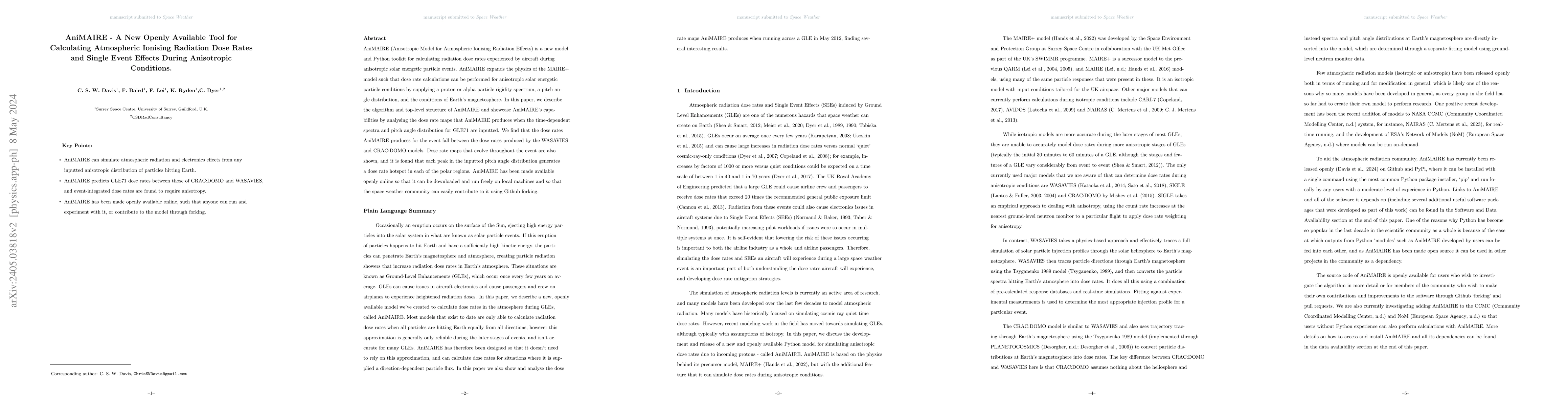 Thumbnail for AniMAIRE -- A New Openly Available Tool for Calculating Atmospheric
  Ionising Radiation Dose Rates and Single Event Effects During Anisotropic
  Conditions
