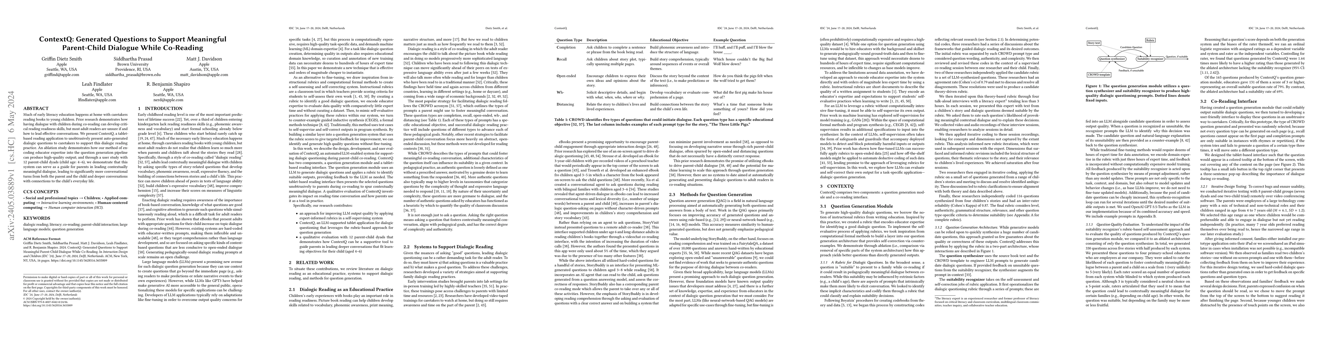 Thumbnail for ContextQ: Generated Questions to Support Meaningful Parent-Child
  Dialogue While Co-Reading