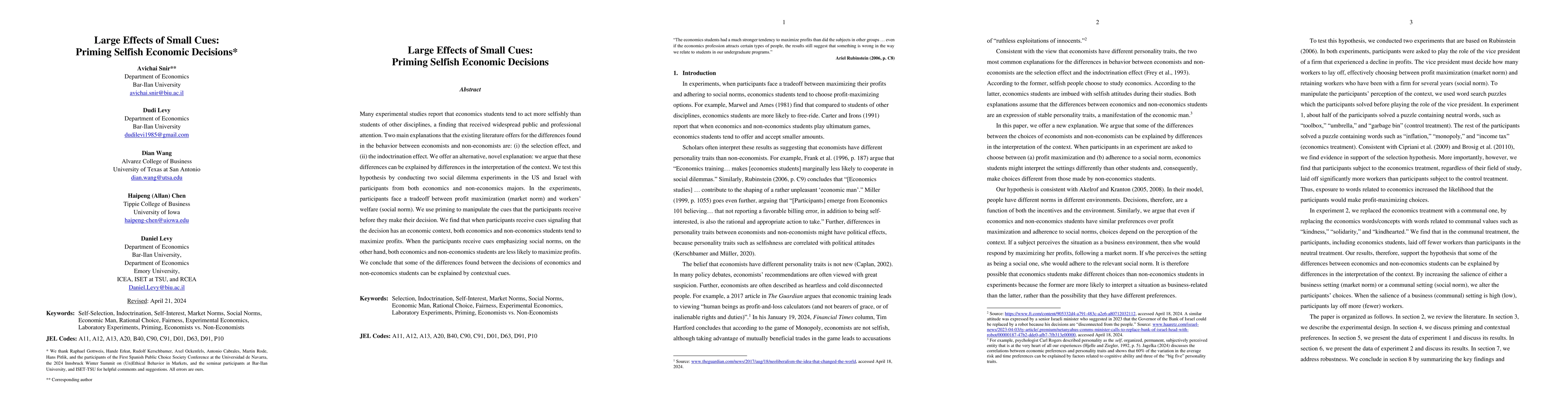 Thumbnail for Large Effects of Small Cues: Priming Selfish Economic Decisions