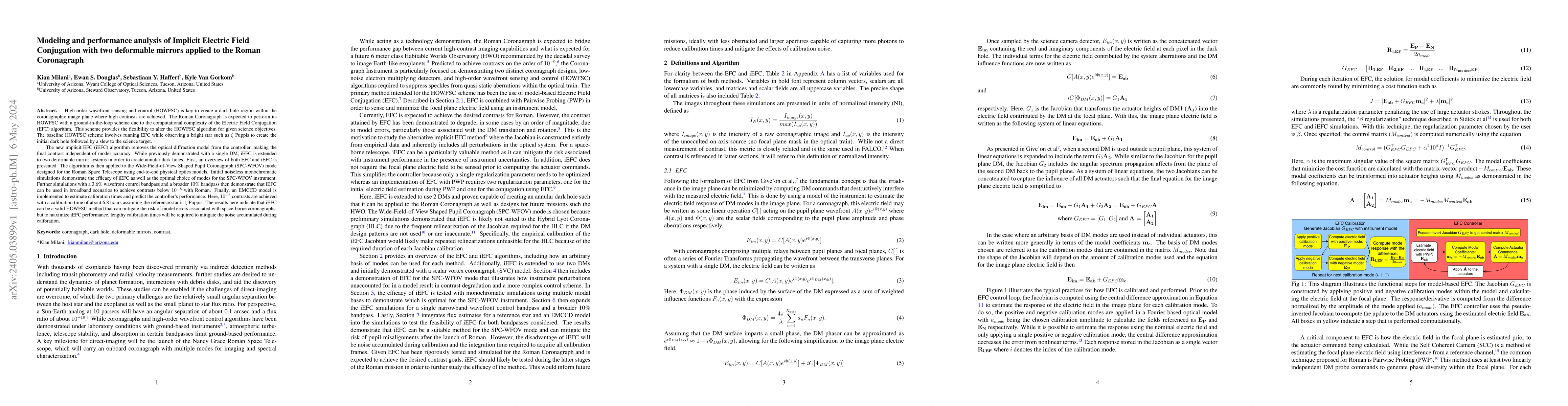 Thumbnail for Modeling and performance analysis of Implicit Electric Field Conjugation
  with two deformable mirrors applied to the Roman Coronagraph