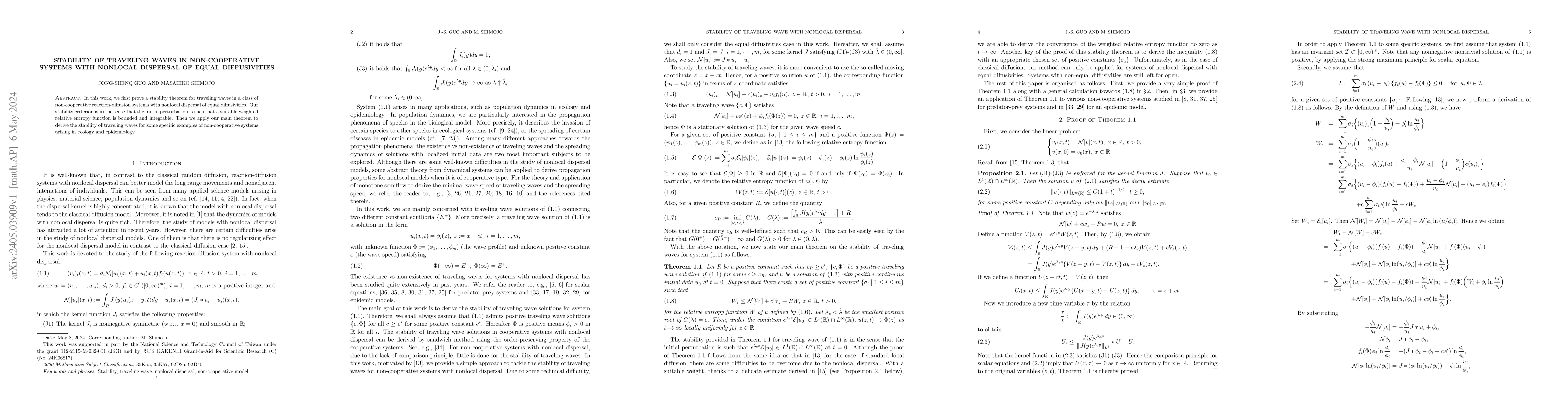Thumbnail for Stability of traveling waves in non-cooperative systems with nonlocal
  dispersal of equal diffusivities