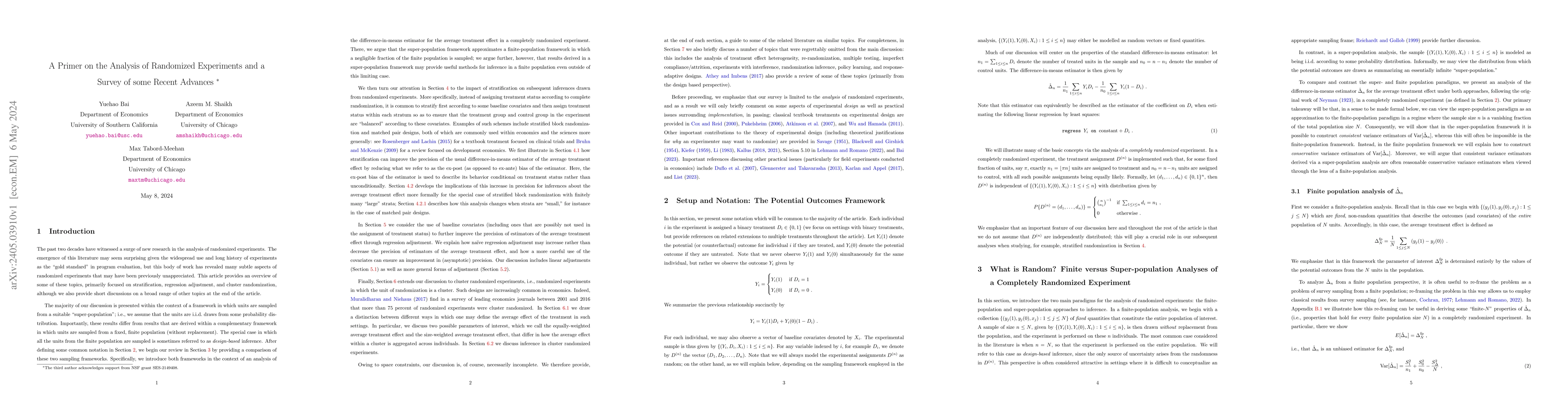 Thumbnail for A Primer on the Analysis of Randomized Experiments and a Survey of some
  Recent Advances