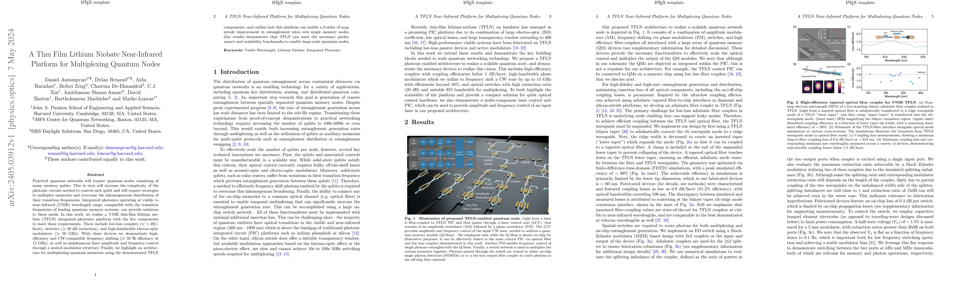 Thumbnail for A Thin Film Lithium Niobate Near-Infrared Platform for Multiplexing
  Quantum Nodes