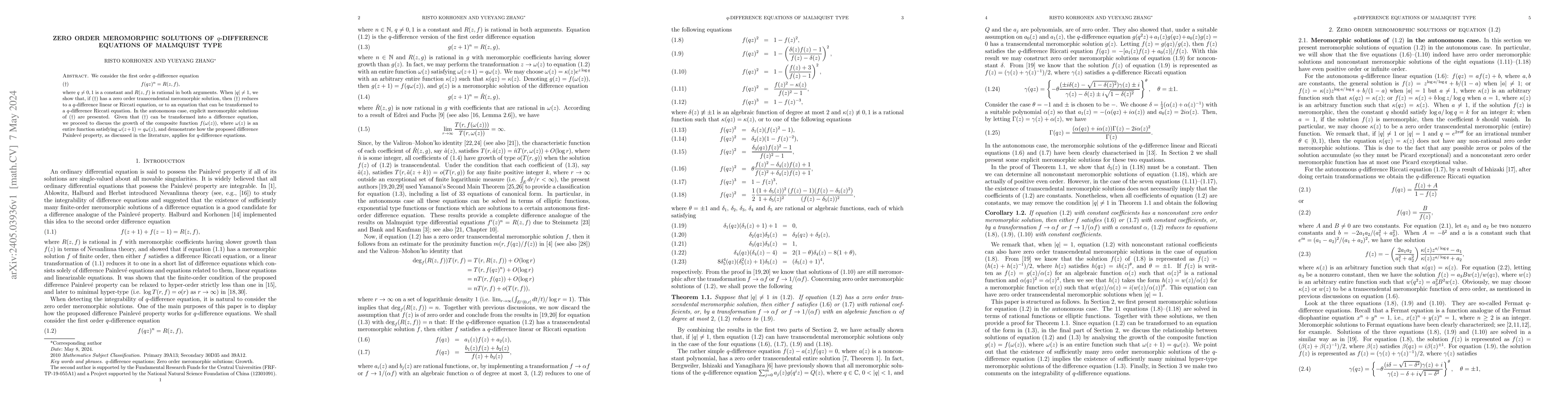Thumbnail for Zero order meromorphic solutions of $q$-difference equations of
  Malmquist type