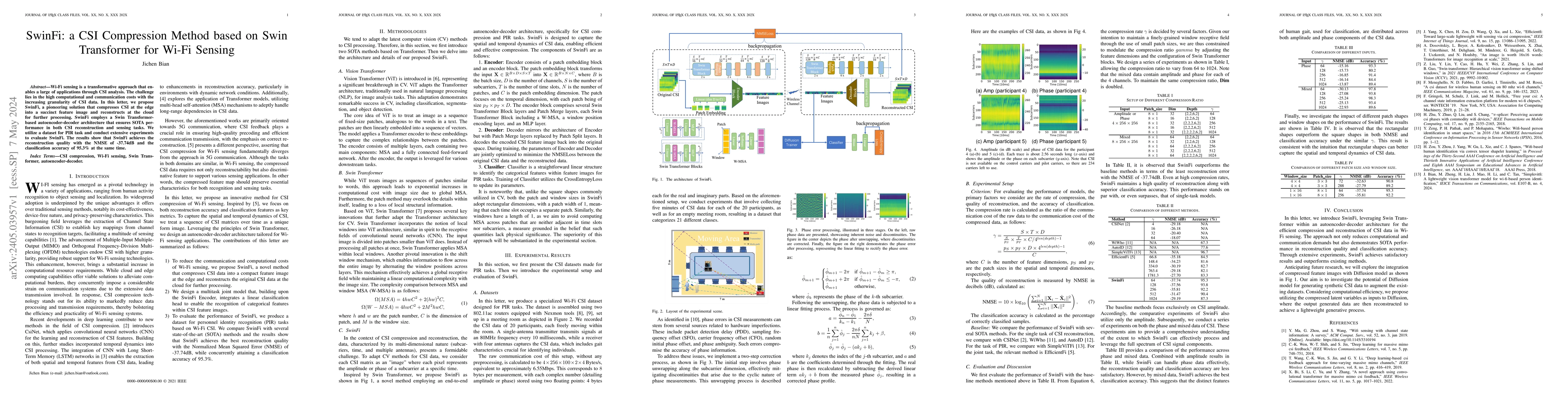 Thumbnail for SwinFi: a CSI Compression Method based on Swin Transformer for Wi-Fi
  Sensing
