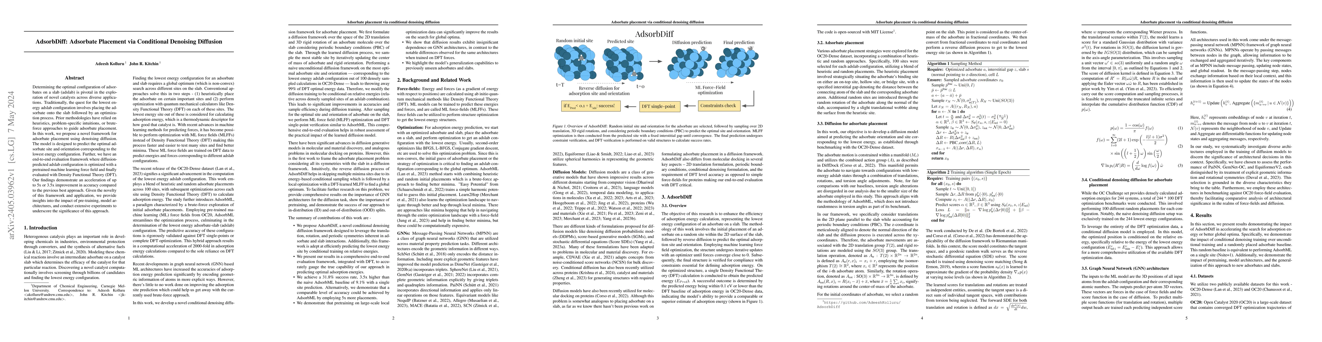 Thumbnail for AdsorbDiff: Adsorbate Placement via Conditional Denoising Diffusion