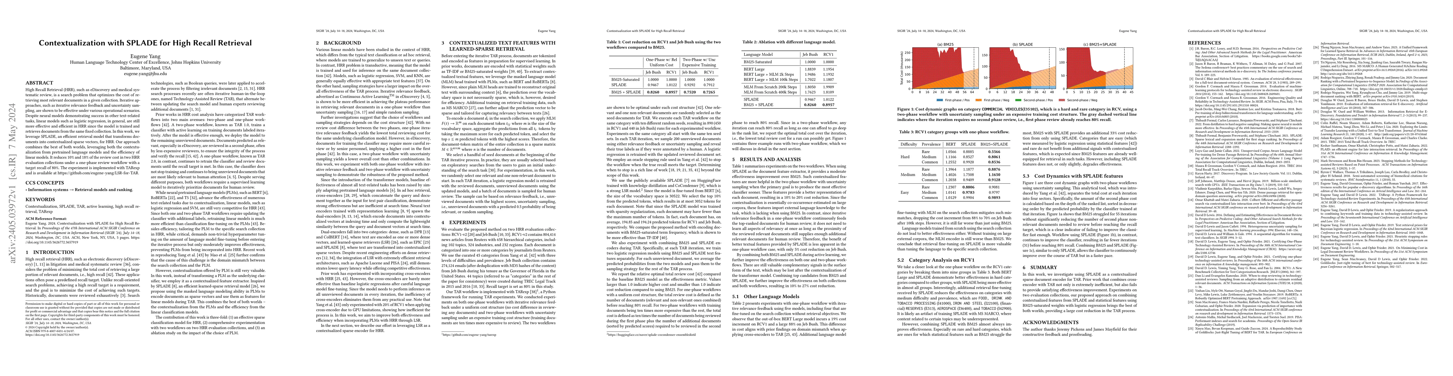 Thumbnail for Contextualization with SPLADE for High Recall Retrieval
