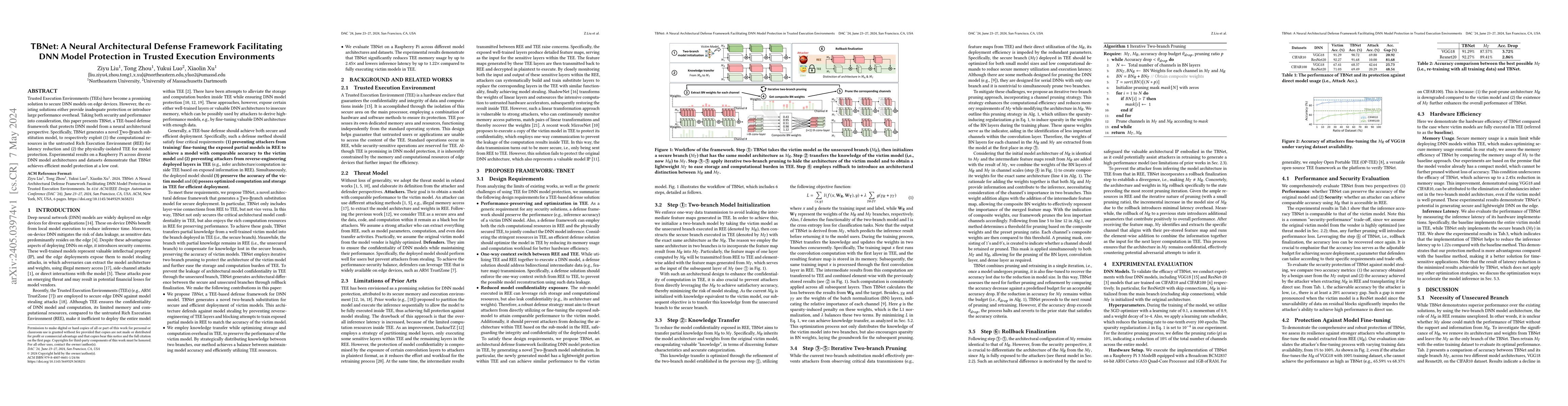 Thumbnail for TBNet: A Neural Architectural Defense Framework Facilitating DNN Model
  Protection in Trusted Execution Environments
