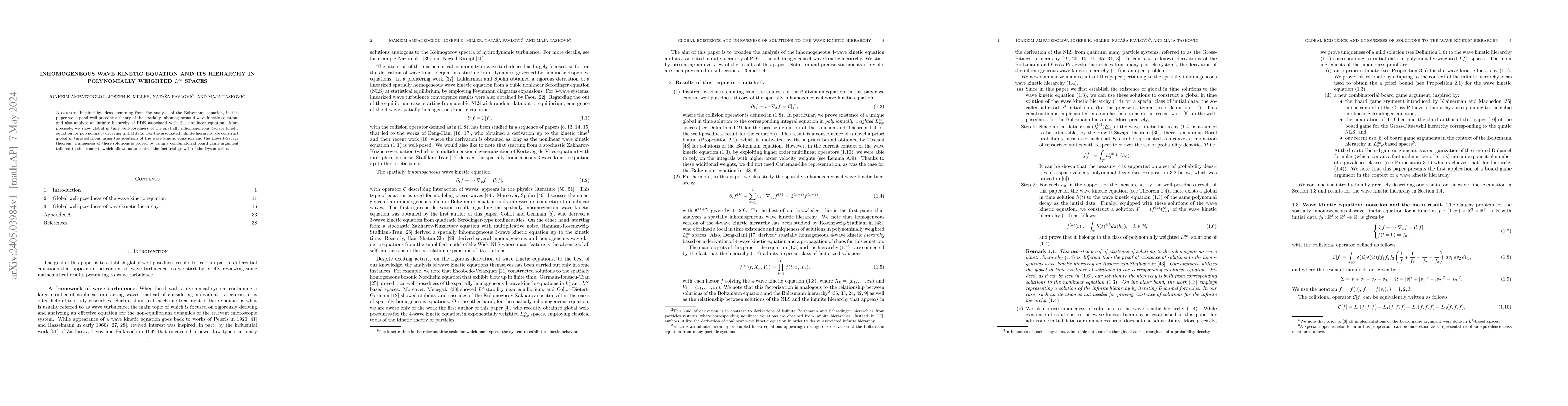 Thumbnail for Inhomogeneous wave kinetic equation and its hierarchy in polynomially
  weighted $L^\infty$ spaces