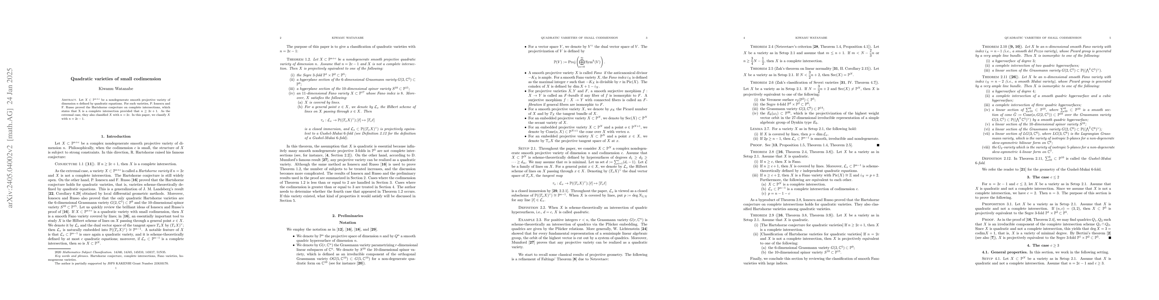 Thumbnail for Quadratic varieties of small codimension