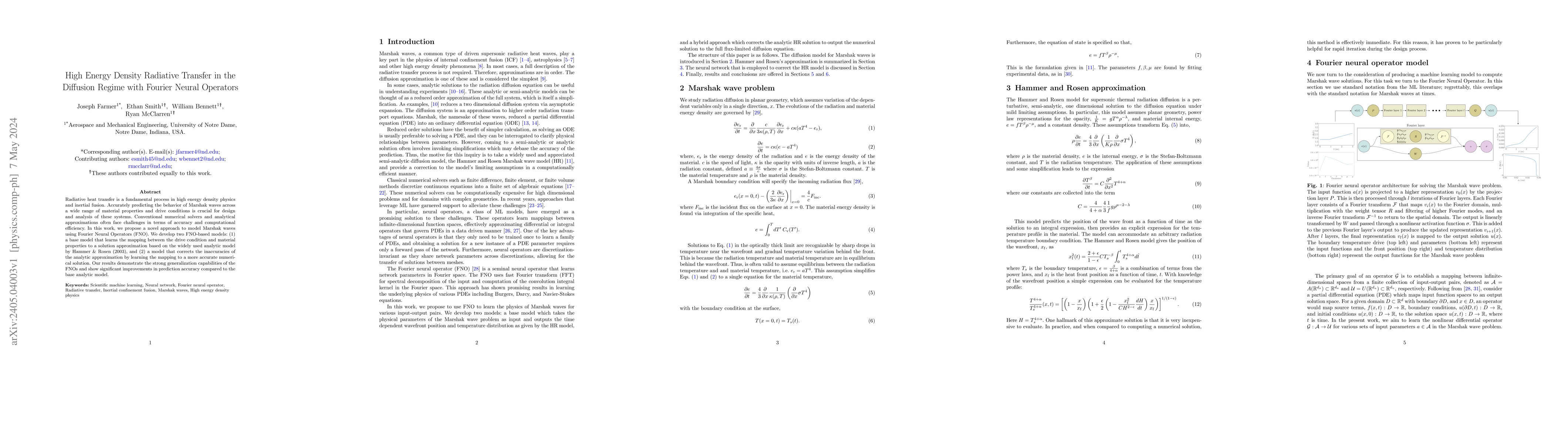 Thumbnail for High Energy Density Radiative Transfer in the Diffusion Regime with
  Fourier Neural Operators
