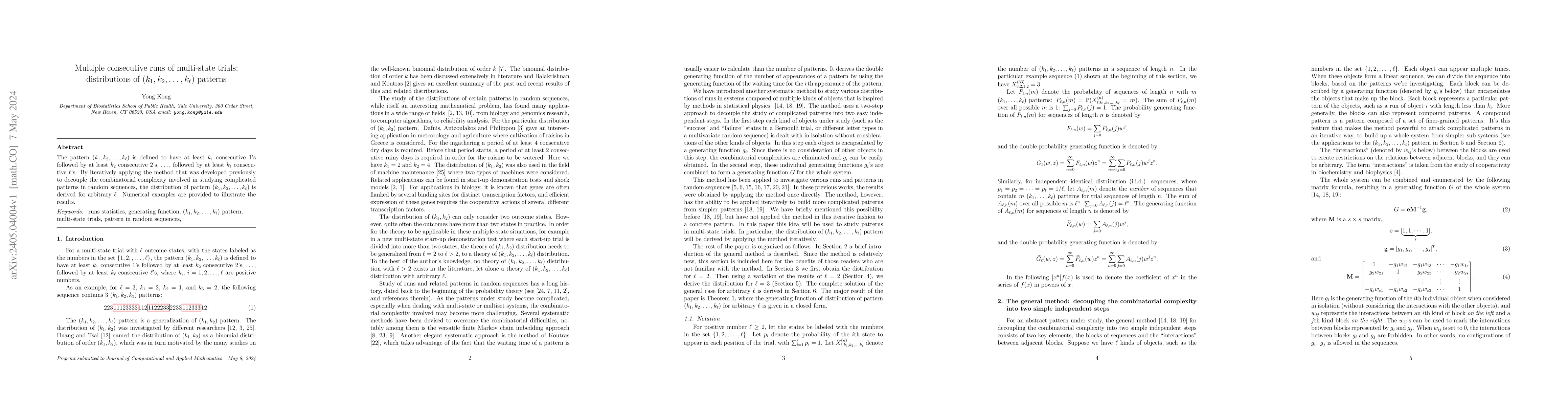 Thumbnail for Multiple consecutive runs of multi-state trials: distributions of $(k_1,
  k_2, \dots, k_\ell)$ patterns