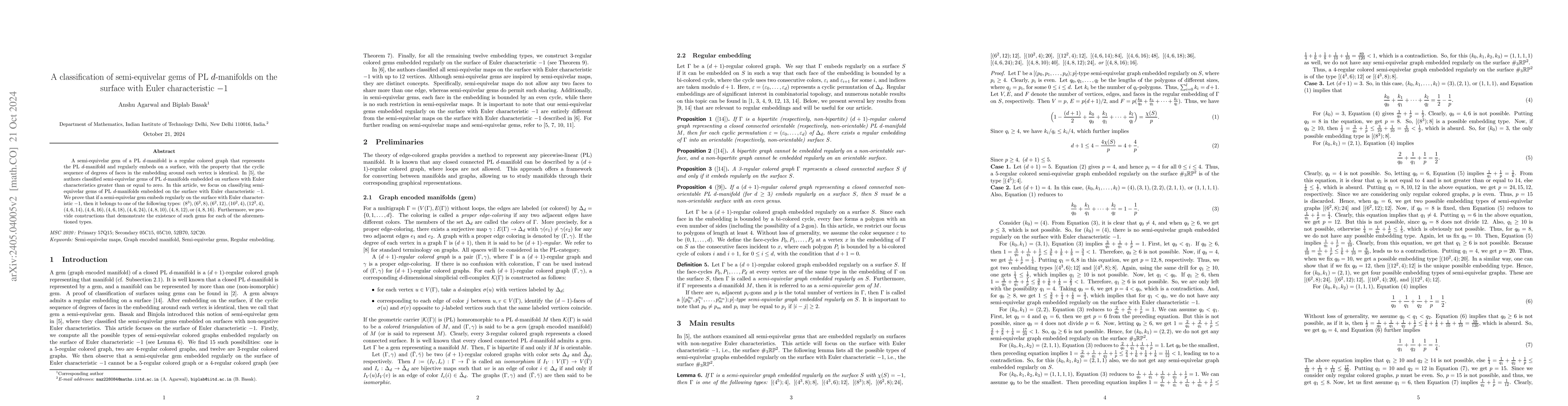 Thumbnail for A classification of semi-equivelar gems on the surface with Euler
  characteristic $-1$