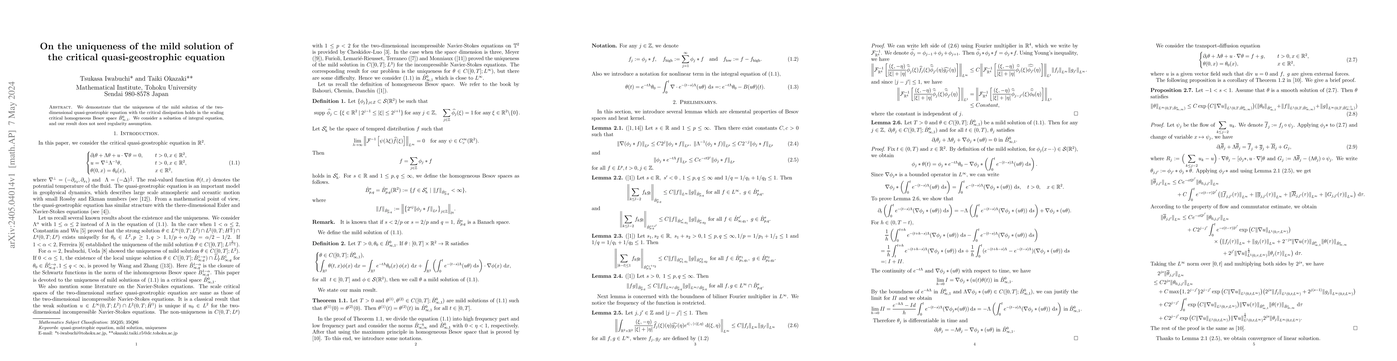 Thumbnail for On the uniqueness of the mild solution of the critical quasi-geostrophic
  equation