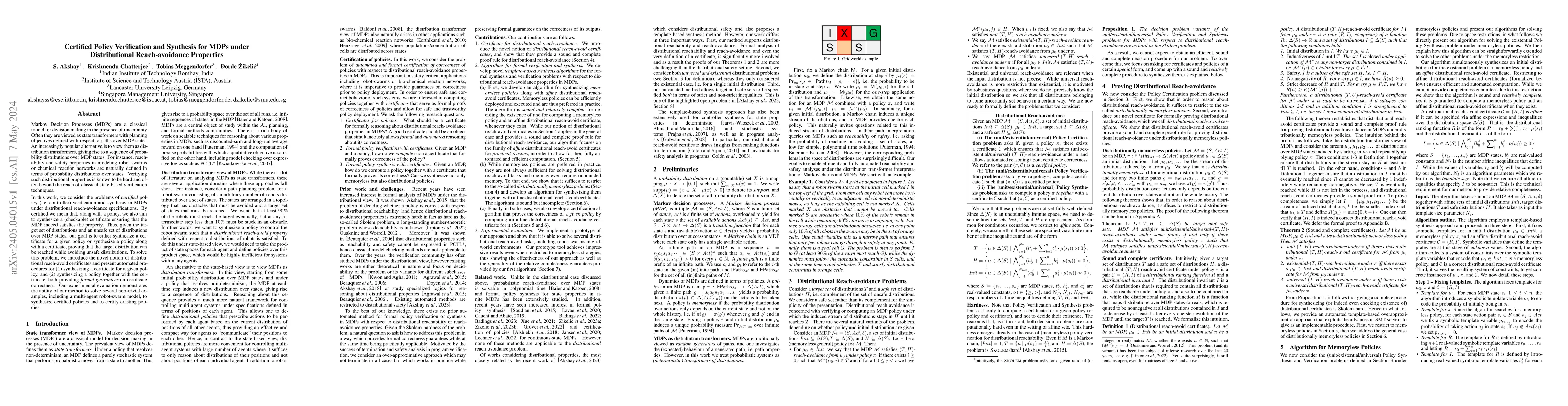 Thumbnail for Certified Policy Verification and Synthesis for MDPs under
  Distributional Reach-avoidance Properties