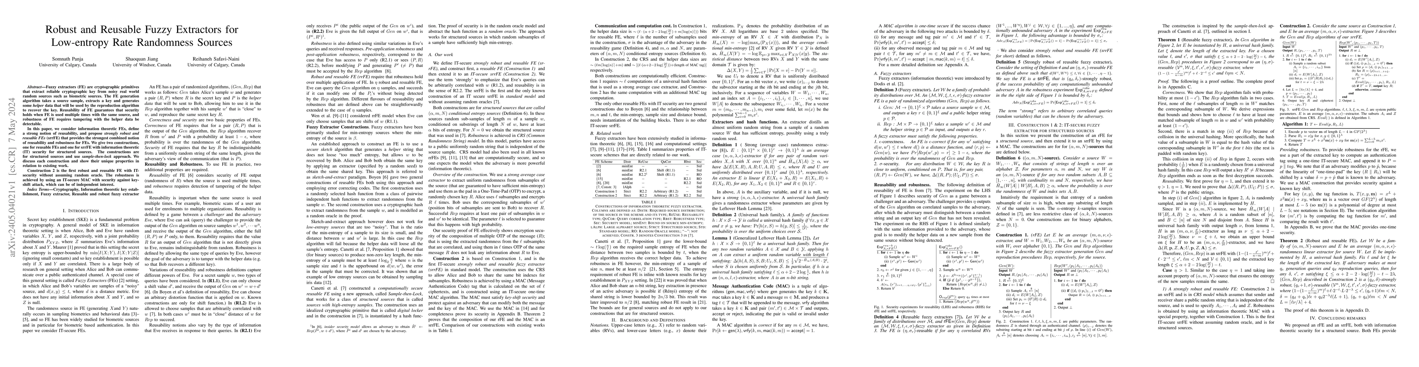 Thumbnail for Robust and Reusable Fuzzy Extractors for Low-entropy Rate Randomness
  Sources