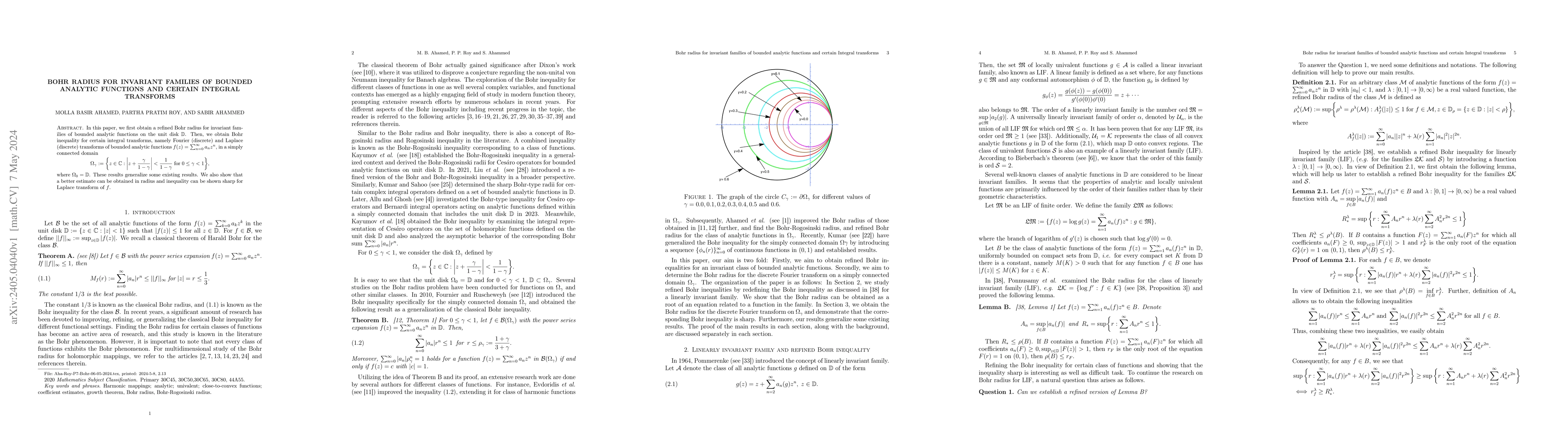 Thumbnail for Bohr radius for invariant families of bounded analytic functions and
  certain Integral transforms