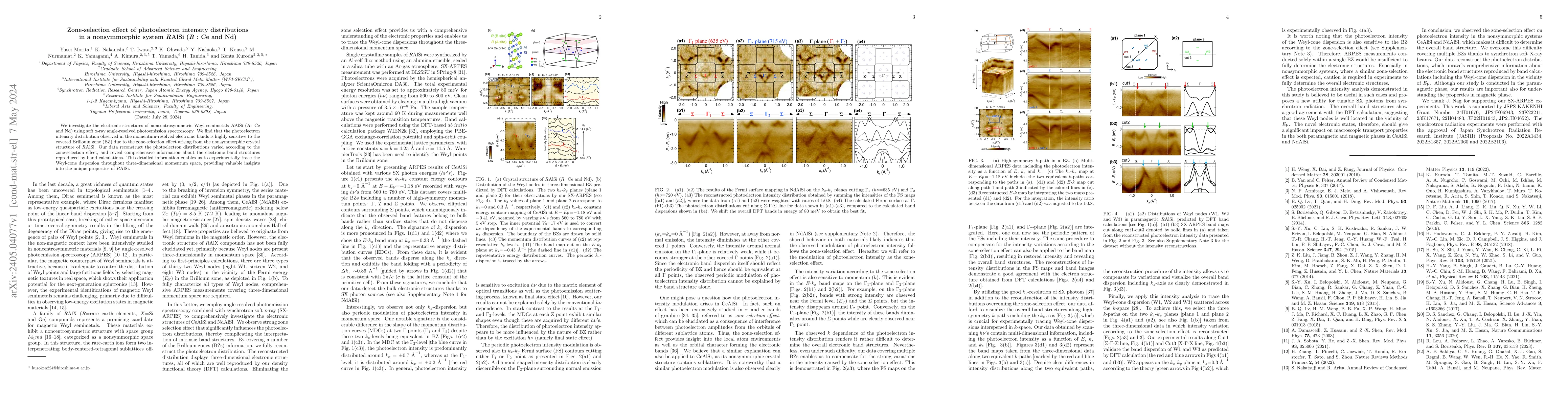 Thumbnail for Zone-selection effect of photoelectron intensity distributions in a
  nonsymmorphic system RAlSi (R : Ce and Nd)