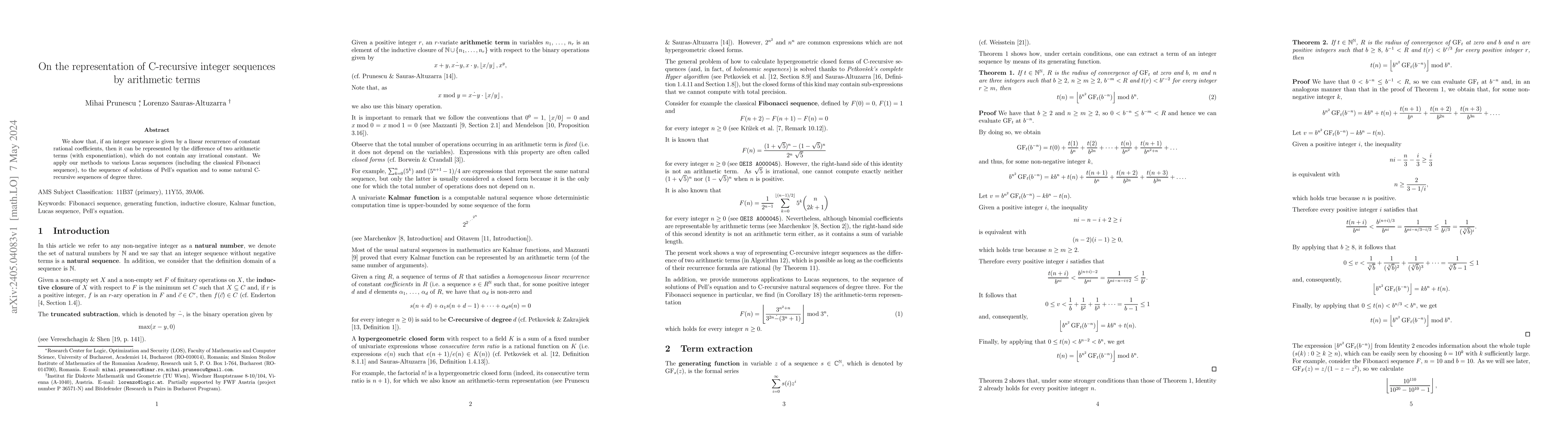 Thumbnail for On the representation of C-recursive integer sequences by arithmetic
  terms