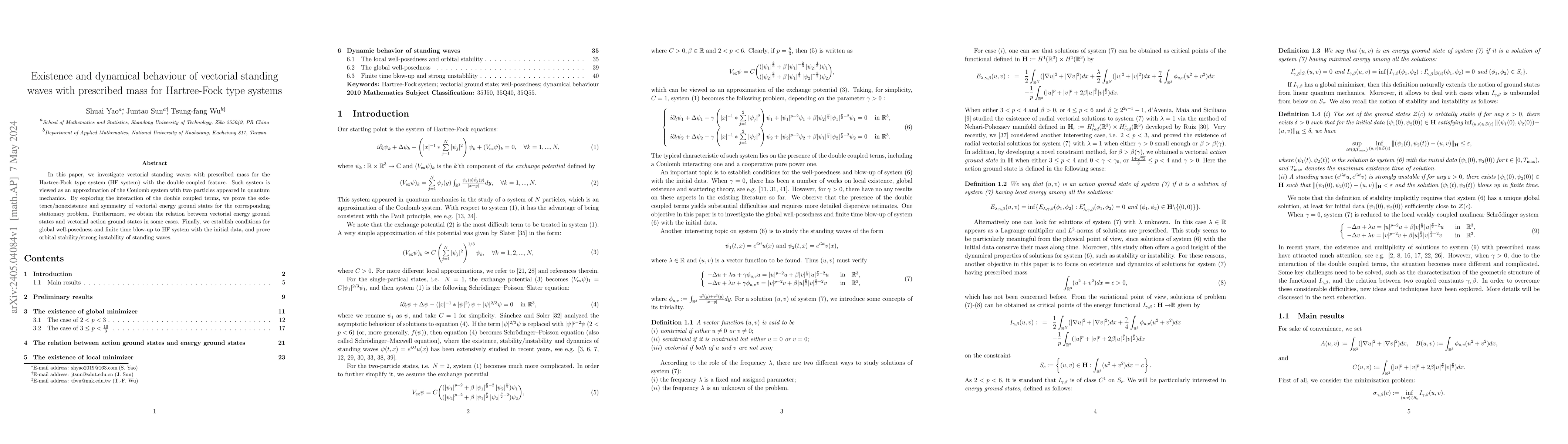 Thumbnail for Existence and dynamical behaviour of vectorial standing waves with
  prescribed mass for Hartree-Fock type systems