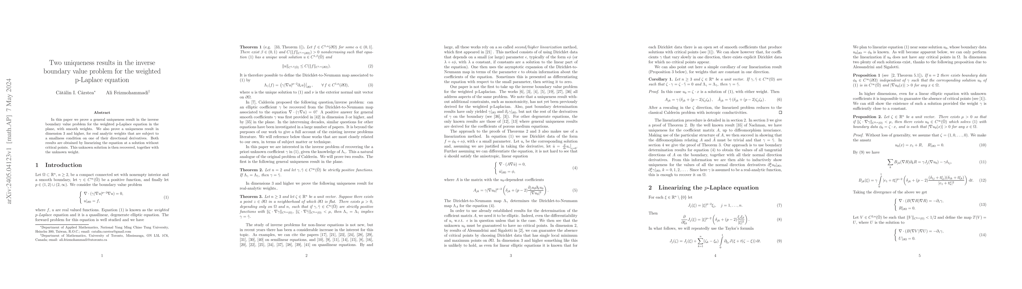 Thumbnail for Two uniqueness results in the inverse boundary value problem for the
  weighted p-Laplace equation