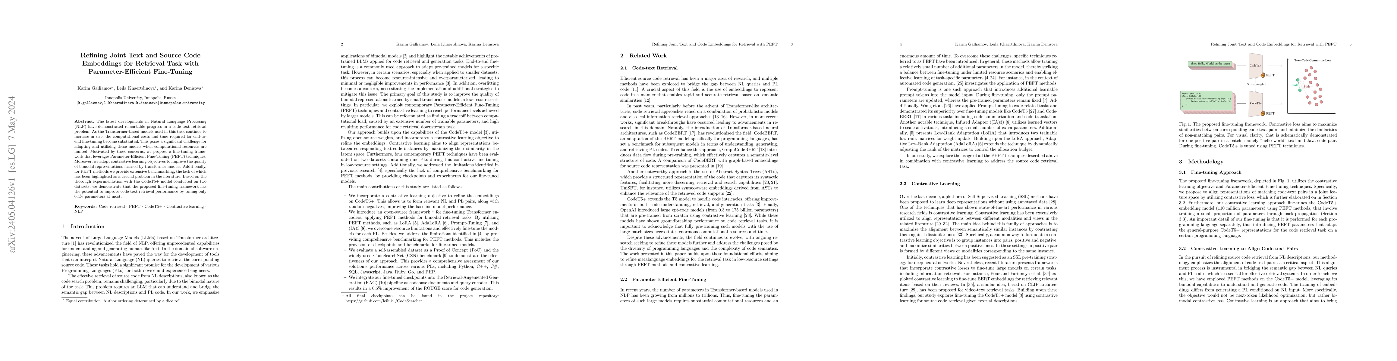 Thumbnail for Refining Joint Text and Source Code Embeddings for Retrieval Task with
  Parameter-Efficient Fine-Tuning