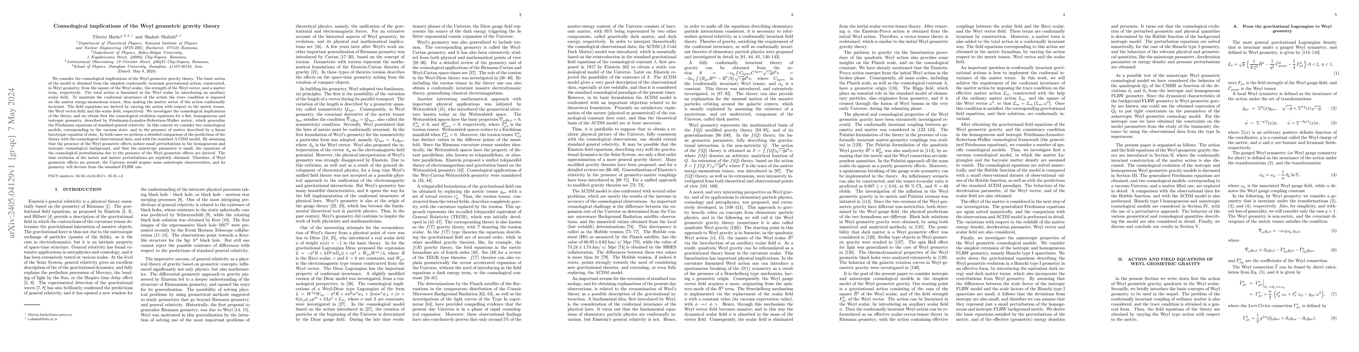 Thumbnail for Cosmological implications of the Weyl geometric gravity theory