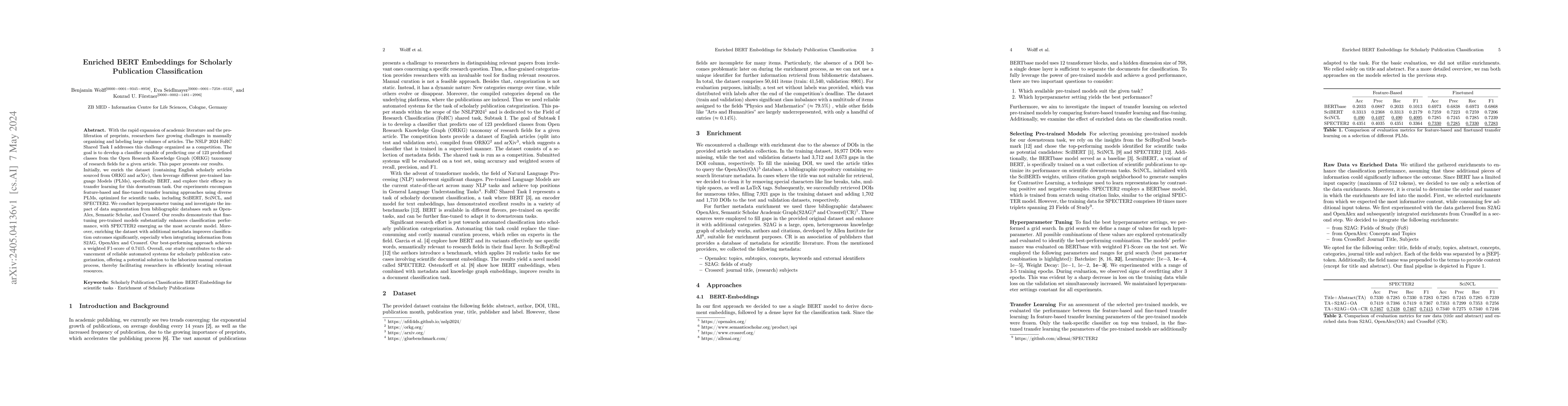 Thumbnail for Enriched BERT Embeddings for Scholarly Publication Classification