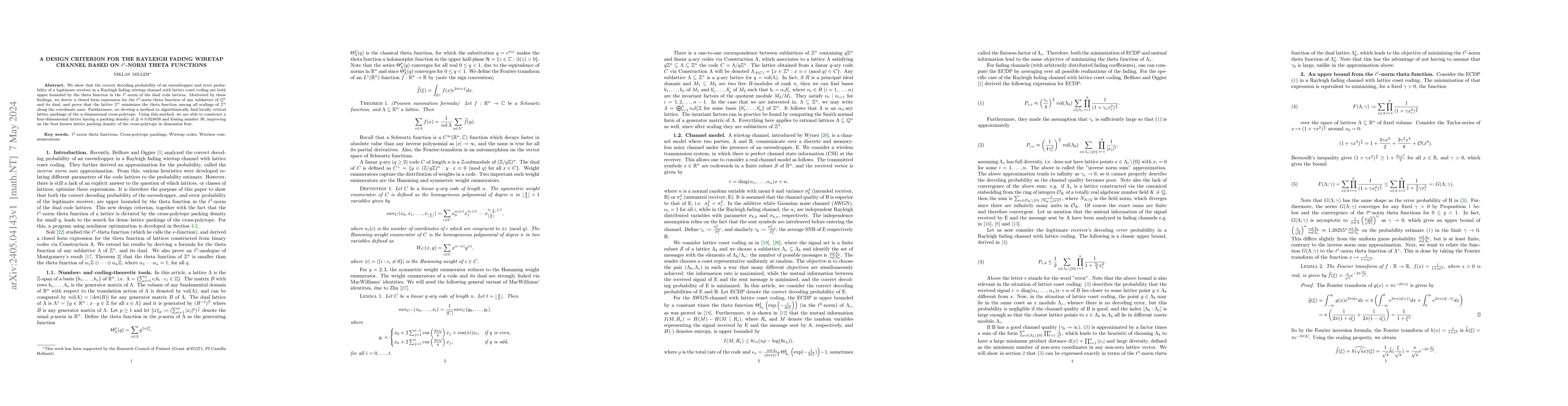 Thumbnail for A Design Criterion for the Rayleigh Fading Wiretap Channel Based on
  $\ell^1$-norm Theta Functions